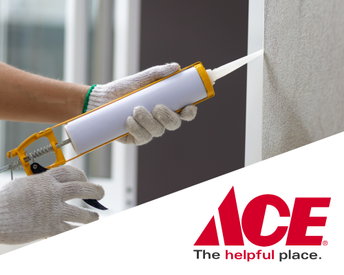 A caulk gun being used with an Ace logo overlay