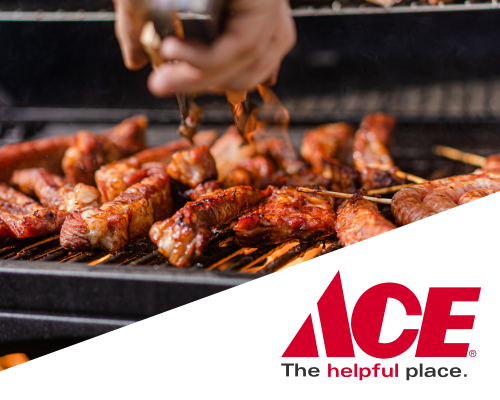  Chicken kabobs on a propane grill with an Ace logo overlay