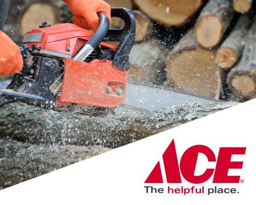 A Chainsaw cutting a tree with an Ace logo overlay